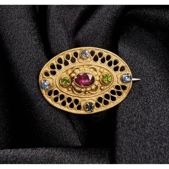 Antique Early 20th Century Gold-Tone Oval Filigree Brooch - Picture 3 of 5